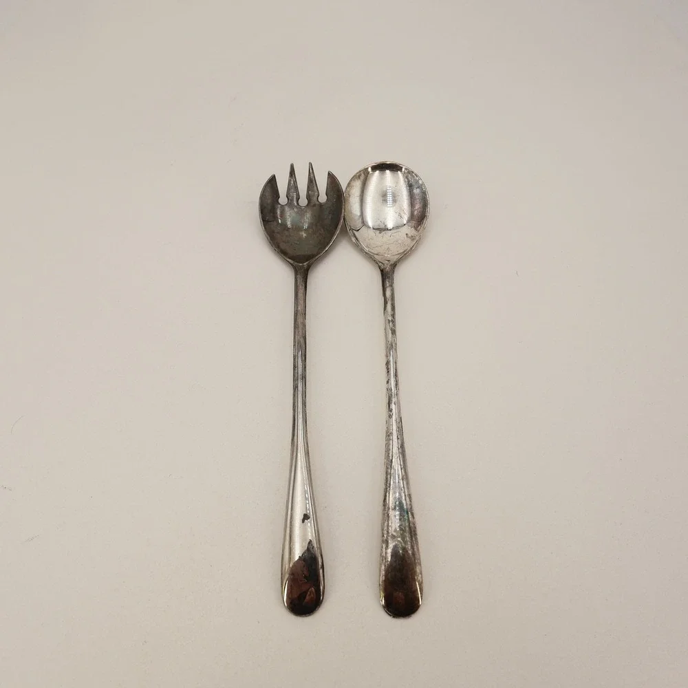 Vintage Silver Plated Italy Salad Servers Spoon and Fork Set Tarnish Patina 9